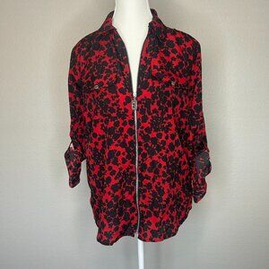 Michael Kors Womens Blouse Full-zip Red/Black Long Rolling Sleeve (P/L) SKU 32